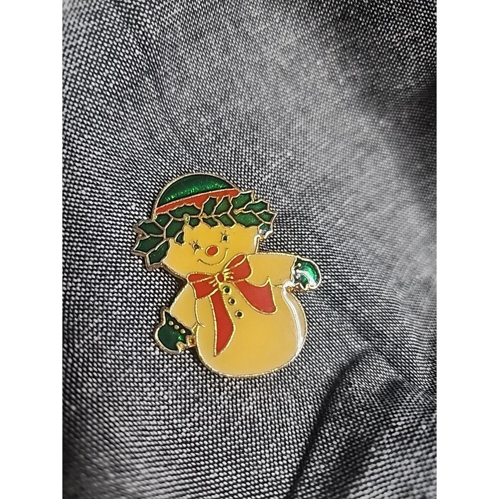 Christmas Holiday Snowman Holly Red Ribbon Lapel Pin